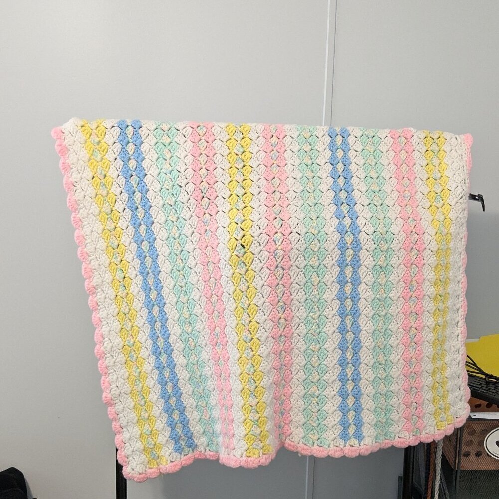 HOMEMADE Baby Afghan Blanket; Pink, Blue, Yellow, White, Green; Size 43 x 43